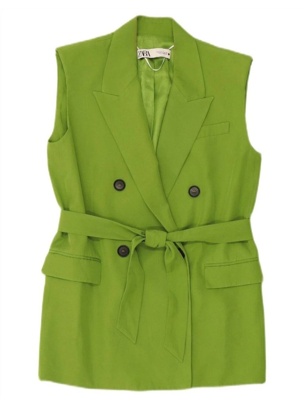 Zara Sleeveless Blazer Vest L Green Belted Double Breasted Jacket NWT